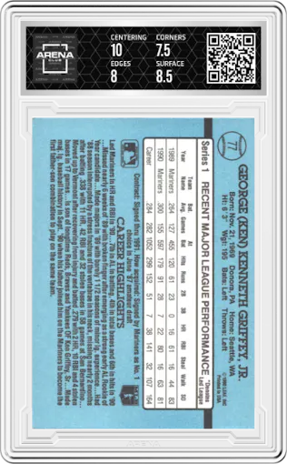 Ken Griffey Jr. from the 1991 Donruss set graded by Arena Club and given an overall grade of 8.