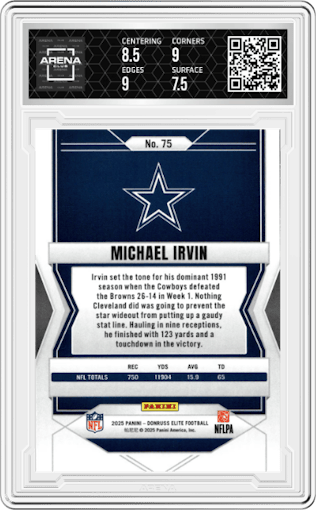 Michael Irvin from the 2025 Panini Donruss Elite set graded by Arena Club and given an overall grade of 8.