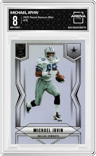 Michael Irvin from the 2025 Panini Donruss Elite set graded by Arena Club and given an overall grade of 8.