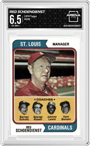 Red Schoendienst from the 1974 Topps set graded by Arena Club and given an overall grade of 6.5.