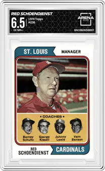 Red Schoendienst from the 1974 Topps set graded by Arena Club and given an overall grade of 6.5.