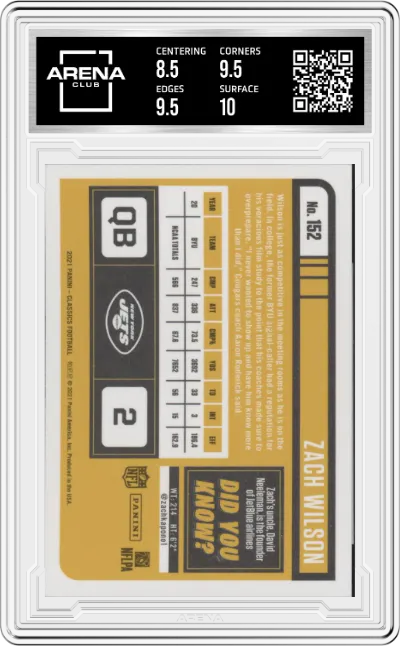 Zach Wilson from the 2021 Panini Classics set featuring a Premium Edition parallel graded by Arena Club and given an overall grade of 9.