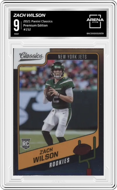 Zach Wilson from the 2021 Panini Classics set featuring a Premium Edition parallel graded by Arena Club and given an overall grade of 9.