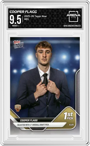 Cooper Flagg from the 2025-26 Topps Now set graded by Arena Club and given an overall grade of 9.5.
