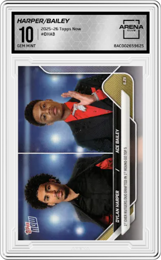 Dylan Harper/Ace Bailey from the 2025-26 Topps Now set graded by Arena Club and given an overall grade of 10.