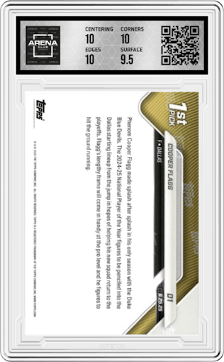 Cooper Flagg from the 2025-26 Topps Now set graded by Arena Club and given an overall grade of 10.