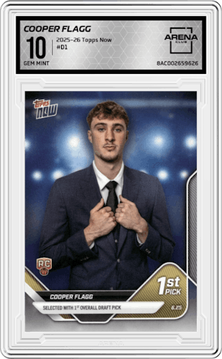 Cooper Flagg from the 2025-26 Topps Now set graded by Arena Club and given an overall grade of 10.