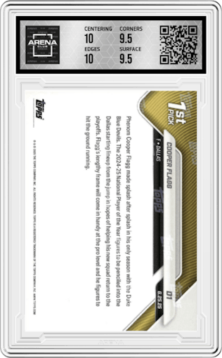 Cooper Flagg from the 2025-26 Topps Now set graded by Arena Club and given an overall grade of 10.