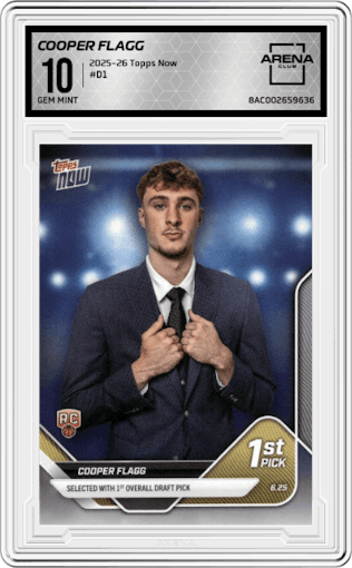 Cooper Flagg from the 2025-26 Topps Now set graded by Arena Club and given an overall grade of 10.