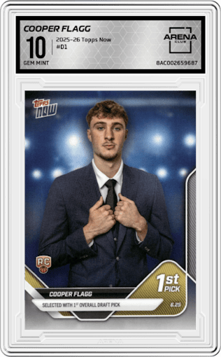 Cooper Flagg from the 2025-26 Topps Now set graded by Arena Club and given an overall grade of 10.