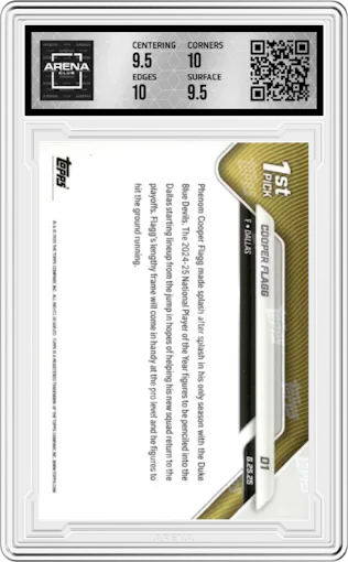 Cooper Flagg from the 2025-26 Topps Now set graded by Arena Club and given an overall grade of 10.