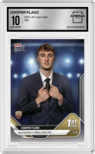 Cooper Flagg from the 2025-26 Topps Now set graded by Arena Club and given an overall grade of 10.