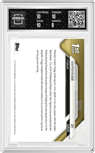 Cooper Flagg from the 2025-26 Topps Now set graded by Arena Club and given an overall grade of 8.5.