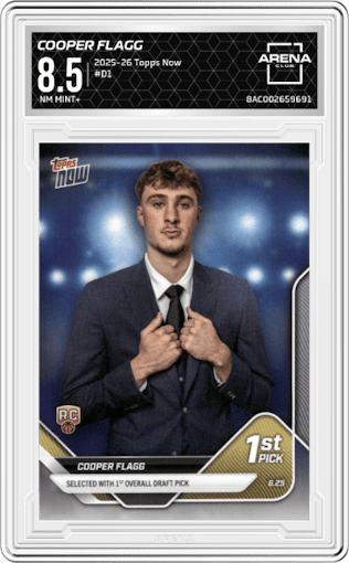 Cooper Flagg from the 2025-26 Topps Now set graded by Arena Club and given an overall grade of 8.5.