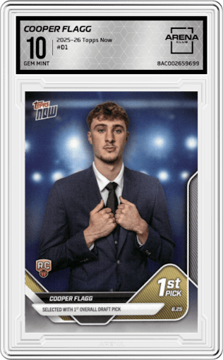 Cooper Flagg from the 2025-26 Topps Now set graded by Arena Club and given an overall grade of 10.