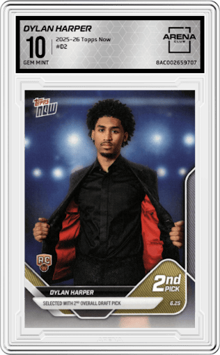 Dylan Harper	 from the 2025-26 Topps Now set graded by Arena Club and given an overall grade of 10.