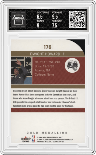 Dwight Howard from the 2004-05 Fleer Ultra  set featuring a Gold Medallion parallel graded by Arena Club and given an overall grade of 7.