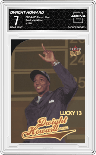 Dwight Howard from the 2004-05 Fleer Ultra  set featuring a Gold Medallion parallel graded by Arena Club and given an overall grade of 7.