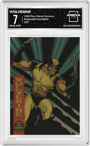 Wolverine from the 1994 Fleer Marvel Universe  set graded by Arena Club and given an overall grade of 7.