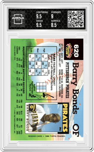 Barry Bonds from the 1992 Topps Stadium Club set graded by Arena Club and given an overall grade of 9.