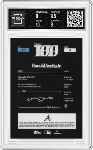 Ronald Acuna Jr from the 2022 Topps Project100 set graded by Arena Club and given an overall grade of 9.5.