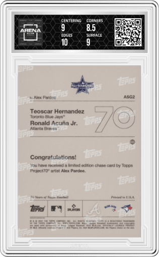 Teoscar Hernandez/Ronald Acuna Jr. from the 2021-22 Topps Project70 set graded by Arena Club and given an overall grade of 9.