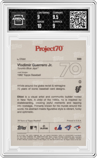 Vladimir Guerrero Jr. from the 2021-22 Topps Project70 set graded by Arena Club and given an overall grade of 9.5.