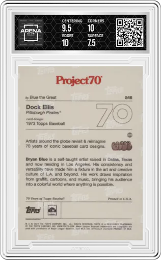 Dock Ellis from the 2021-22 Topps Project70 set graded by Arena Club and given an overall grade of 8.