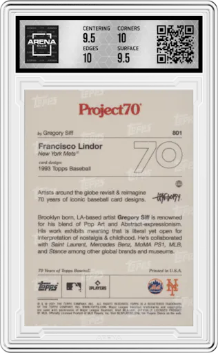 Francisco Lindor from the 2021-22 Topps Project70 set graded by Arena Club and given an overall grade of 10.