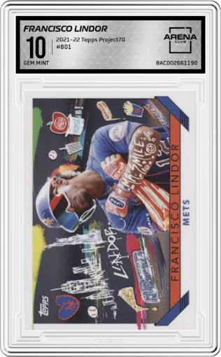 Francisco Lindor from the 2021-22 Topps Project70 set graded by Arena Club and given an overall grade of 10.