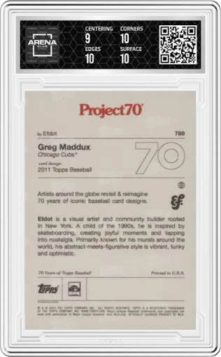 Greg Maddux from the 2021-22 Topps Project70 set graded by Arena Club and given an overall grade of 9.5.