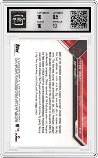 Shohei Ohtani from the 2023-24 Topps Now Off-Season set graded by Arena Club and given an overall grade of 10.