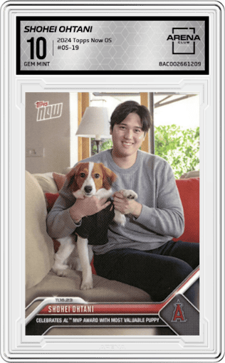 Shohei Ohtani from the 2023-24 Topps Now Off-Season set graded by Arena Club and given an overall grade of 10.