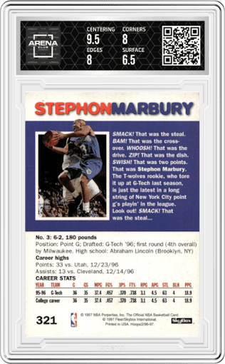 Stephon Marbury from the 1996-97 NBA Hoops set graded by Arena Club and given an overall grade of 7.