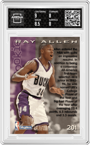 Ray Allen  from the 1996-97 Skybox Premium set graded by Arena Club and given an overall grade of 8.5.