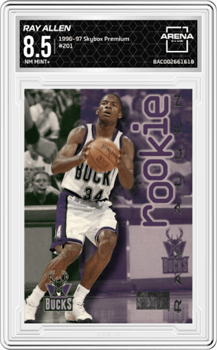 Ray Allen  from the 1996-97 Skybox Premium set graded by Arena Club and given an overall grade of 8.5.