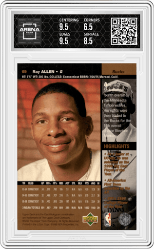 Ray Allen from the 1996-97 Upper Deck set graded by Arena Club and given an overall grade of 7.