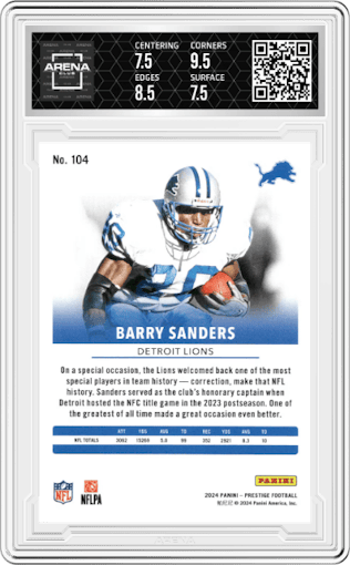 Barry Sanders from the 2024 Panini Prestige  set featuring a Green Xtra Points parallel graded by Arena Club and given an overall grade of 8.