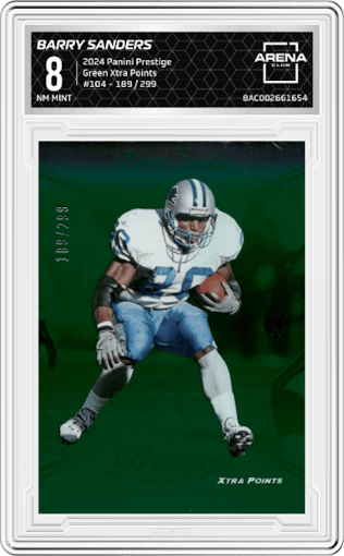 Barry Sanders from the 2024 Panini Prestige  set featuring a Green Xtra Points parallel graded by Arena Club and given an overall grade of 8.