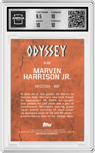 Marvin Harrison Jr. from the 2024 Topps Signature Class set graded by Arena Club and given an overall grade of 10.
