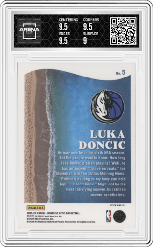 Luka Doncic from the 2023-24 Donruss Optic set featuring a Holo parallel graded by Arena Club and given an overall grade of 9.5.