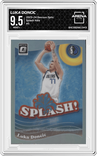 Luka Doncic from the 2023-24 Donruss Optic set featuring a Holo parallel graded by Arena Club and given an overall grade of 9.5.