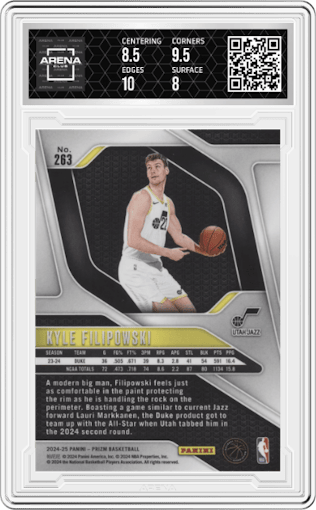 Kyle Filipowski  from the 2024-25 Panini Prizm set graded by Arena Club and given an overall grade of 8.5.
