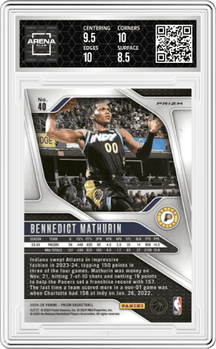 Bennedict Mathurin from the 2024-25 Panini Prizm set featuring a Red Ice parallel graded by Arena Club and given an overall grade of 9.