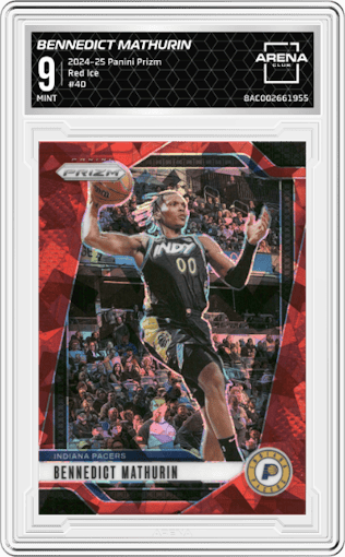 Bennedict Mathurin from the 2024-25 Panini Prizm set featuring a Red Ice parallel graded by Arena Club and given an overall grade of 9.