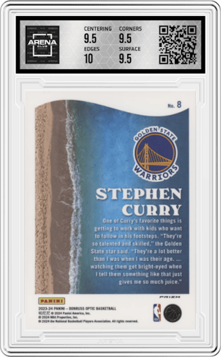 Stephen Curry from the 2023-24 Donruss Optic set featuring a Green Shock parallel graded by Arena Club and given an overall grade of 10.