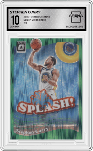 Stephen Curry from the 2023-24 Donruss Optic set featuring a Green Shock parallel graded by Arena Club and given an overall grade of 10.