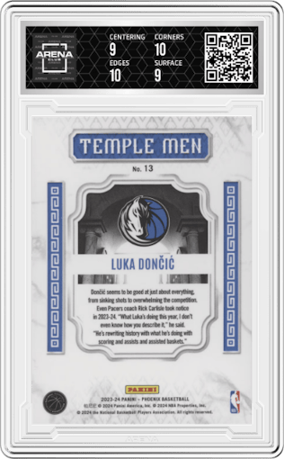 Luka Doncic from the 2023-24 Panini Phoenix set featuring a Red Ice parallel graded by Arena Club and given an overall grade of 9.5.