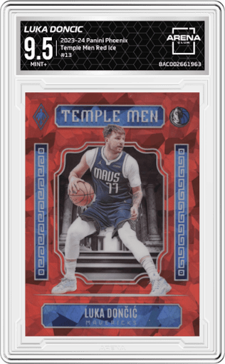 Luka Doncic from the 2023-24 Panini Phoenix set featuring a Red Ice parallel graded by Arena Club and given an overall grade of 9.5.