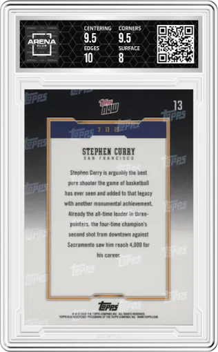 Stephen Curry from the 2025-26 Topps Now set graded by Arena Club and given an overall grade of 8.5.